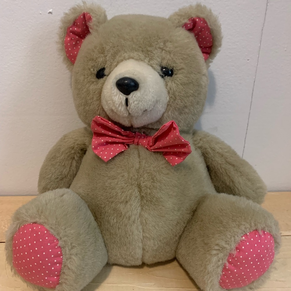Vintage  Teddy Bear with Pink Polka Dot Accents - Soft Grey Stuffed Toy